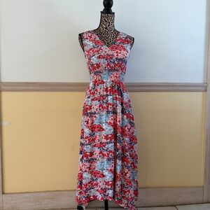 Japna Women Red Blue Floral Patchwork Maxi Dress Smocked Waist Handkerchief Sz S